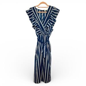 NWOT Blue Lemon Striped Navy and White Ruffle Cropped Jumpsuit size Small